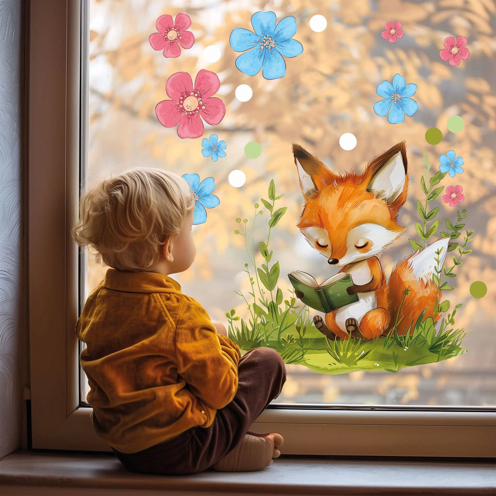 Fensterbild Buch lesender Fuchs im Blumenmeer | Fenster Dekoration - Sunnywall - Individualität trifft Design