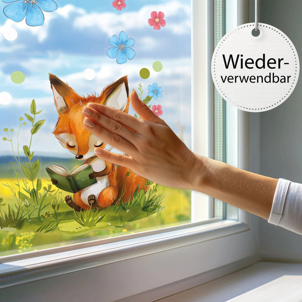 Fensterbild Buch lesender Fuchs im Blumenmeer | Fenster Dekoration - Sunnywall - Individualität trifft Design