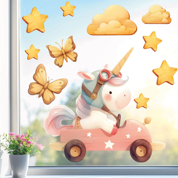 Fensterbild Einhorn in Rennwagen im Holz-Design | Holz-Optik Fensterbild Dekoration - Sunnywall - Individualität trifft Design