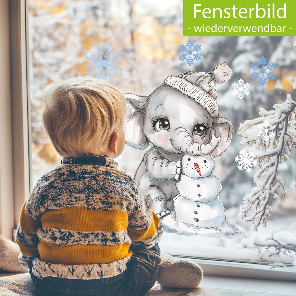 Fensterbild Elefant Winter Schneemann Schneeflocken statisch haftend wiederverwendbar | Winterliches Fensterbild - Sunnywall - Individualität trifft Design