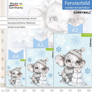 Fensterbild Elefant Winter Schneemann Schneeflocken statisch haftend wiederverwendbar | Winterliches Fensterbild - Sunnywall - Individualität trifft Design