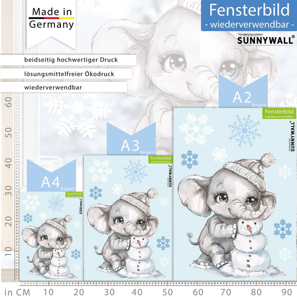 Fensterbild Elefant Winter Schneemann Schneeflocken statisch haftend wiederverwendbar | Winterliches Fensterbild - Sunnywall - Individualität trifft Design