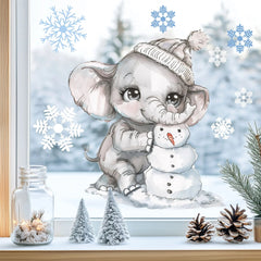 Fensterbild Elefant Winter Schneemann Schneeflocken statisch haftend wiederverwendbar | Winterliches Fensterbild - Sunnywall - Individualität trifft Design