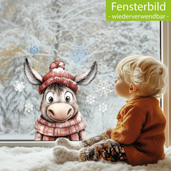 Fensterbild Esel Winter Schneeflocken statisch haftend wiederverwendbar - Winterliche Fensterbild Dekoration - Sunnywall - Individualität trifft Design