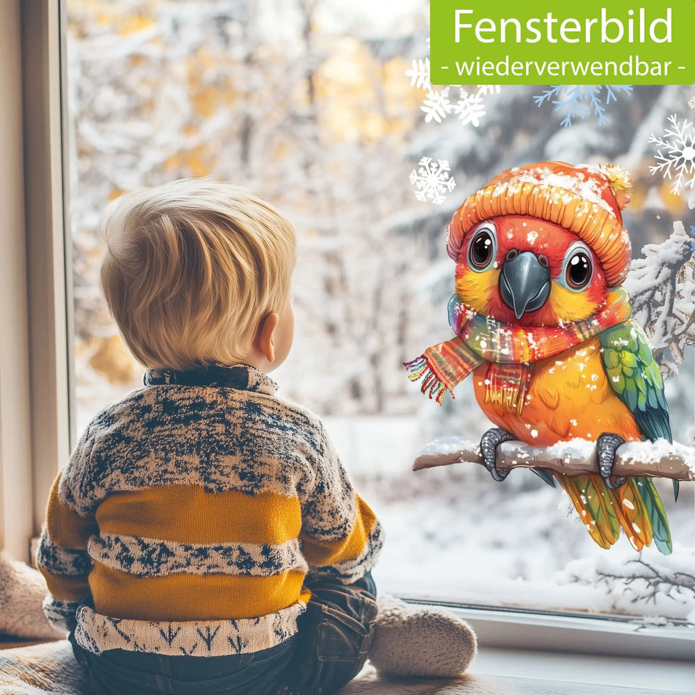 Fensterbild Farbenfroher Papagei mit buntem Schal | Winterliche Fensterbild Dekoration - Sunnywall - Individualität trifft Design