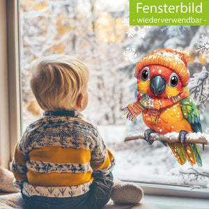 Fensterbild Farbenfroher Papagei mit buntem Schal | Winterliche Fensterbild Dekoration - Sunnywall - Individualität trifft Design