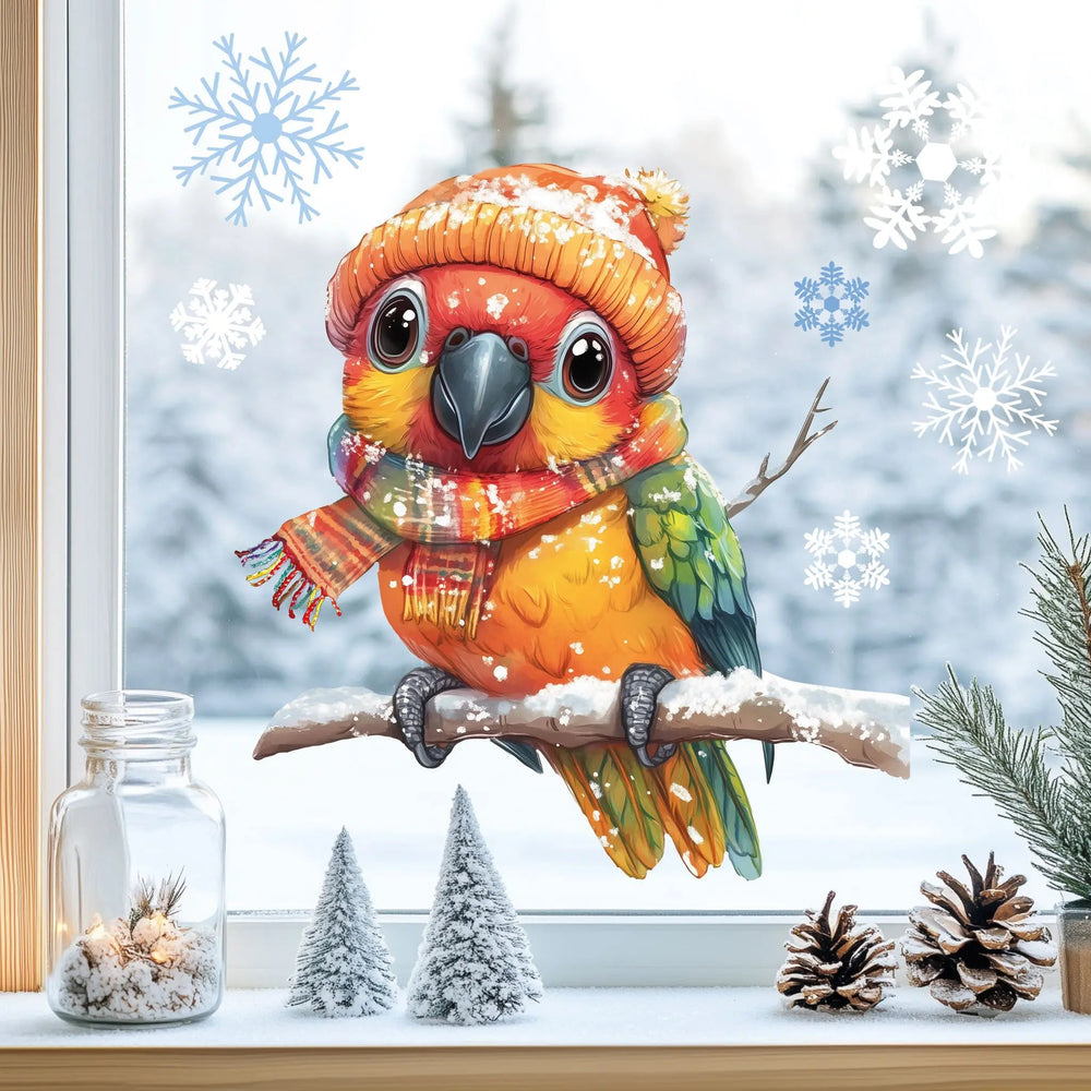 Fensterbild Farbenfroher Papagei mit buntem Schal | Winterliche Fensterbild Dekoration - Sunnywall - Individualität trifft Design