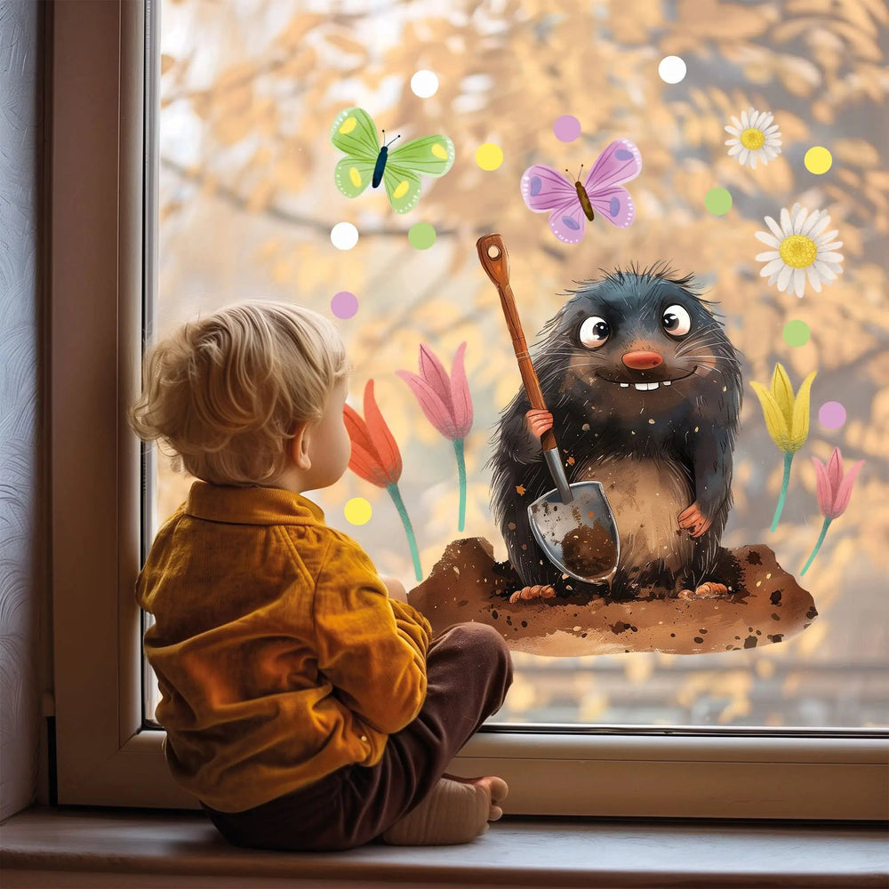 Fensterbild Fleißiger Maulwurf im Blumengarten | Fenster Dekoration - Sunnywall - Individualität trifft Design