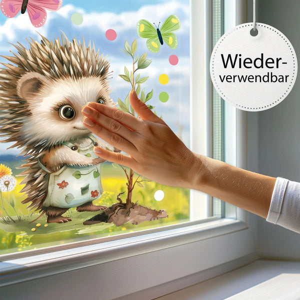 Fensterbild Gärtnerin Igel Blütenzauber beidseitig wiederverwendbar - Sunnywall - Individualität trifft Design