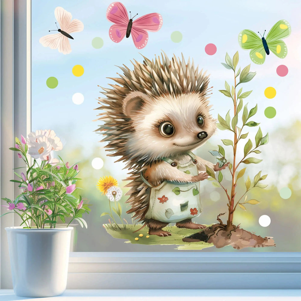 Fensterbild Gärtnerin Igel Blütenzauber beidseitig wiederverwendbar - Sunnywall - Individualität trifft Design