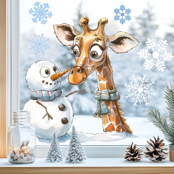 Fensterbild Giraffe Winter Schneemann Schneeflocken statisch haftend wiederverwendbar - Sunnywall - Individualität trifft Design