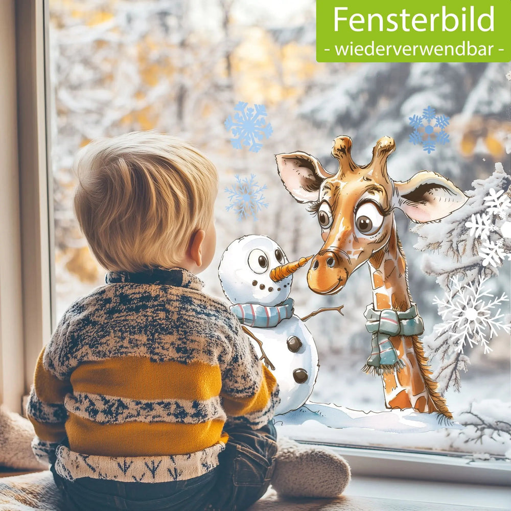 Fensterbild Giraffe Winter Schneemann Schneeflocken statisch haftend wiederverwendbar - Sunnywall - Individualität trifft Design