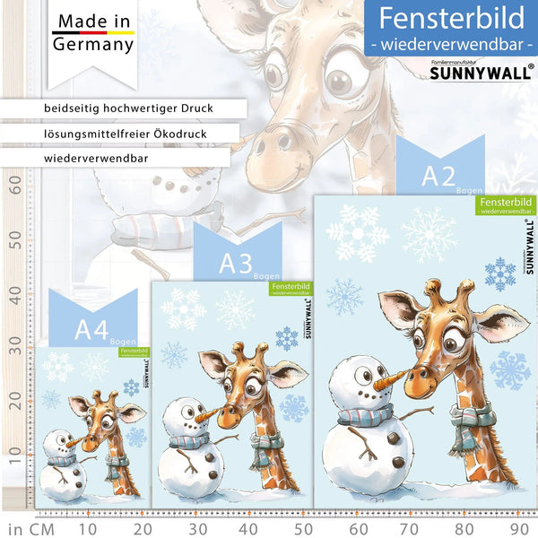 Fensterbild Giraffe Winter Schneemann Schneeflocken statisch haftend wiederverwendbar - Sunnywall - Individualität trifft Design