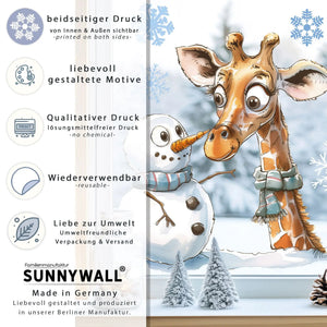 Fensterbild Giraffe Winter Schneemann Schneeflocken statisch haftend wiederverwendbar - Sunnywall - Individualität trifft Design