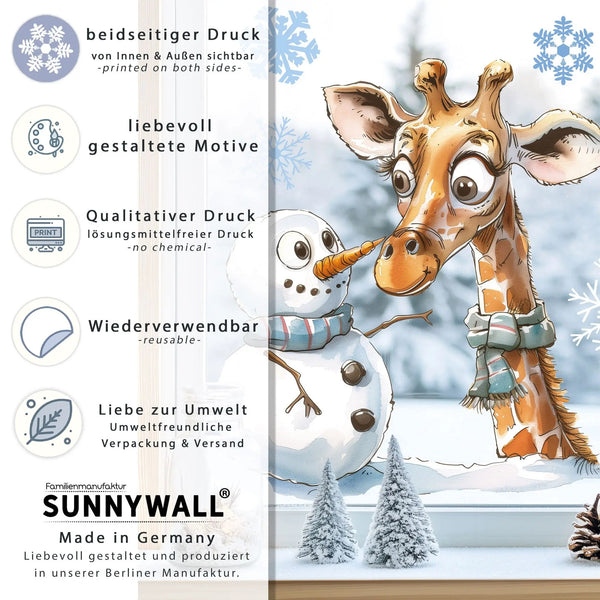 Fensterbild Giraffe Winter Schneemann Schneeflocken statisch haftend wiederverwendbar - Sunnywall - Individualität trifft Design