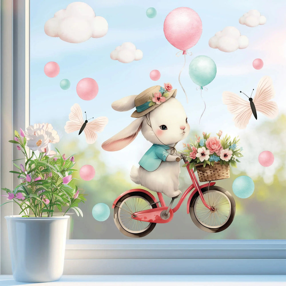 Fensterbild Hase auf Fahrrad Tour mit Blumenkorb und Ballons | Fenster Dekoration - Sunnywall - Individualität trifft Design