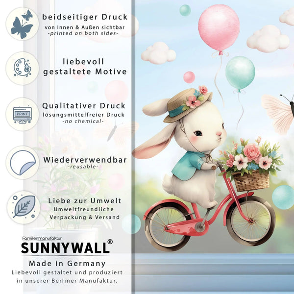 Fensterbild Hase auf Fahrrad Tour mit Blumenkorb und Ballons | Fenster Dekoration - Sunnywall - Individualität trifft Design