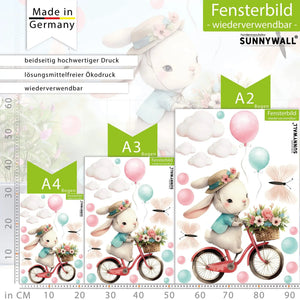 Fensterbild Hase auf Fahrrad Tour mit Blumenkorb und Ballons | Fenster Dekoration - Sunnywall - Individualität trifft Design