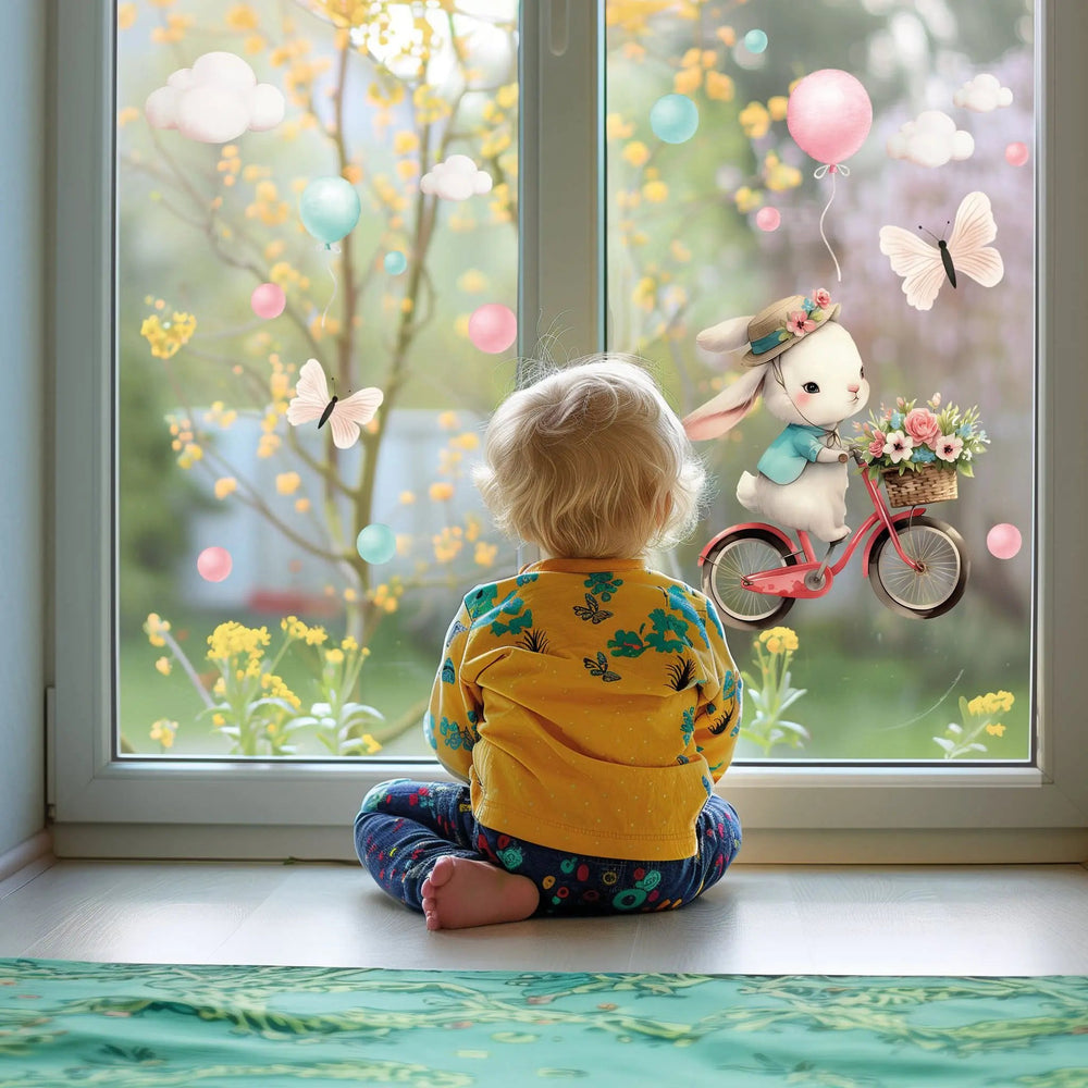 Fensterbild Hase auf Fahrrad Tour mit Blumenkorb und Ballons | Fenster Dekoration - Sunnywall - Individualität trifft Design