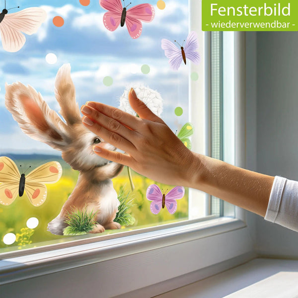 Fensterbild Hase Pusteblume Schmetterlinge statisch haftend wiederverwendbar - Sunnywall - Individualität trifft Design