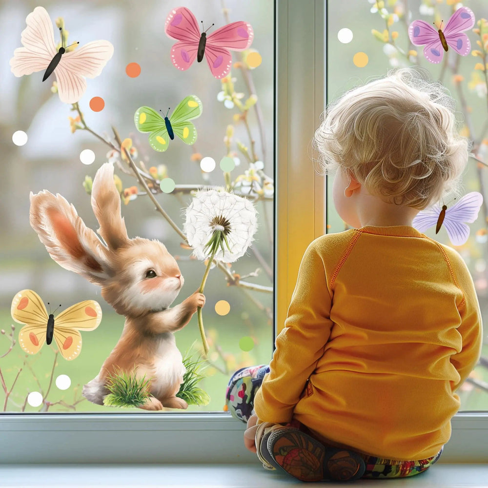 Fensterbild Hase Pusteblume Schmetterlinge statisch haftend wiederverwendbar - Sunnywall - Individualität trifft Design