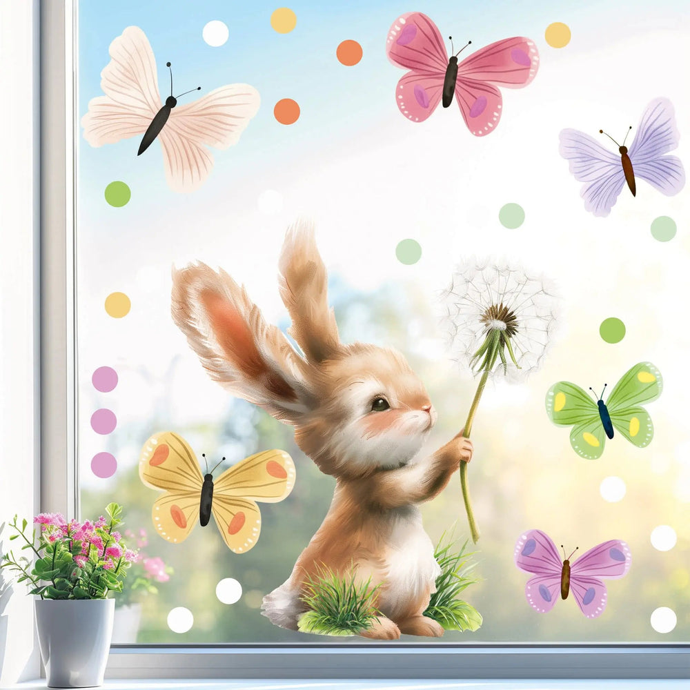 Fensterbild Hase Pusteblume Schmetterlinge statisch haftend wiederverwendbar - Sunnywall - Individualität trifft Design