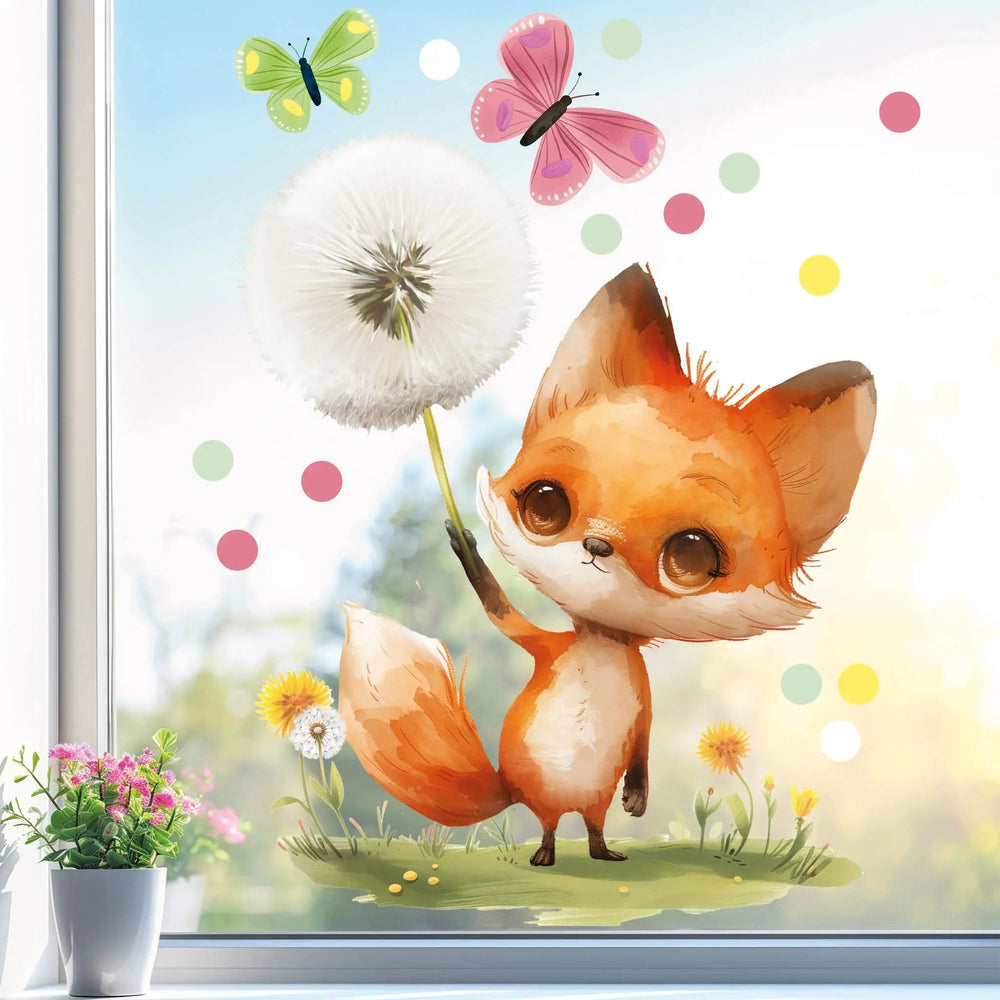 Fensterbild Kleiner Fuchs und die Wunschpusteblume | Fenster Dekoration - Sunnywall - Individualität trifft Design