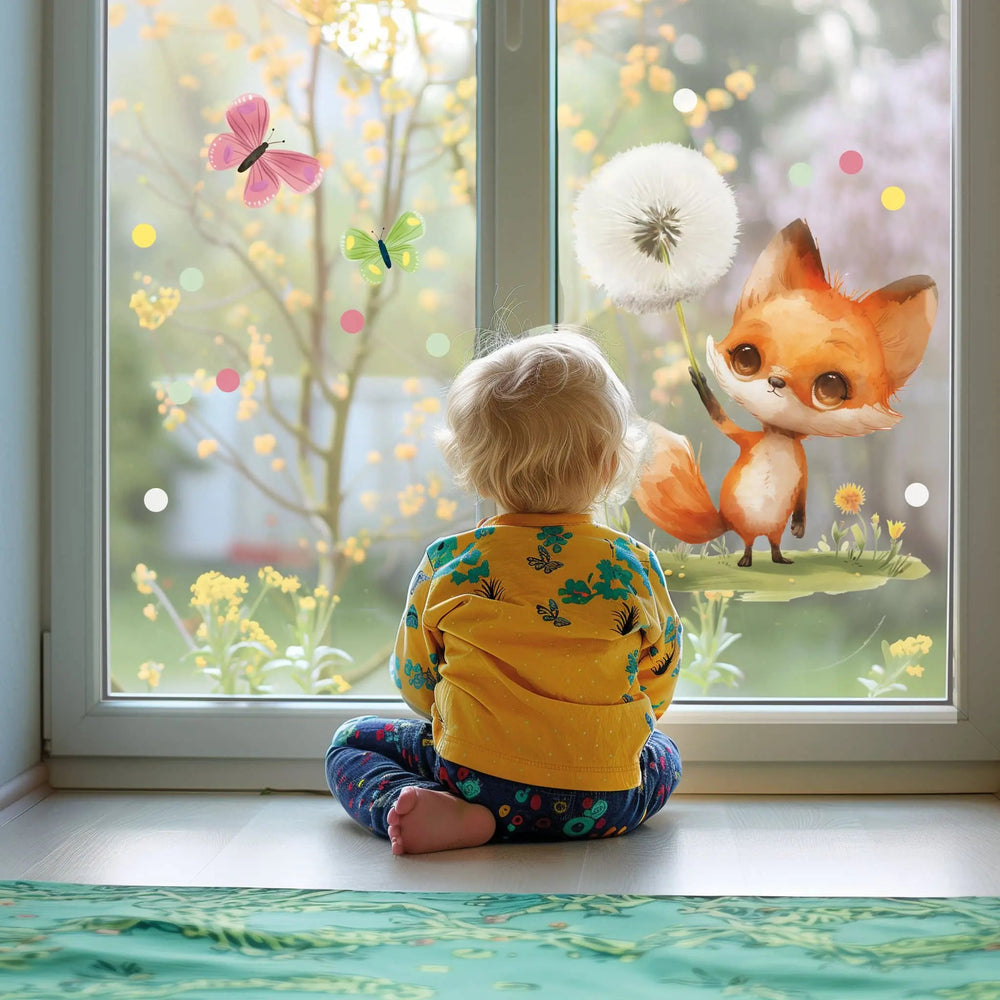 Fensterbild Kleiner Fuchs und die Wunschpusteblume | Fenster Dekoration - Sunnywall - Individualität trifft Design