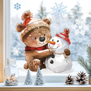 Fensterbild Knuddeliger Bär mit Schneemann | Winterliche Fensterbild Dekoration - Sunnywall - Individualität trifft Design