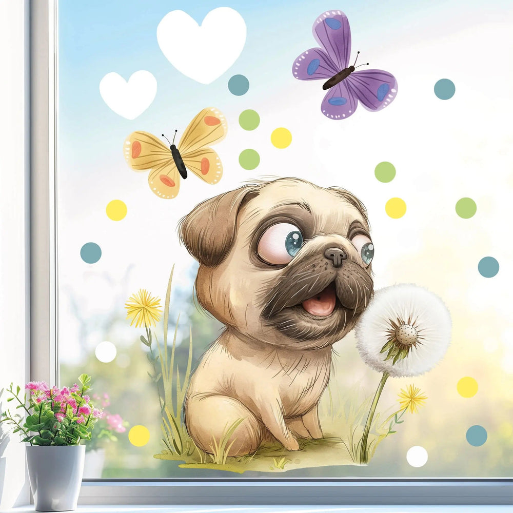 Fensterbild Neugieriger Mops mit Pusteblume | Fenster Dekoration - Sunnywall - Individualität trifft Design