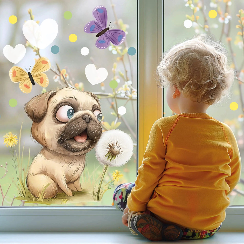 Fensterbild Neugieriger Mops mit Pusteblume | Fenster Dekoration - Sunnywall - Individualität trifft Design