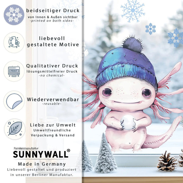 Fensterbild Niedliches Axolotl mit blauer Wollmütze | Winterliche Fensterbild Dekoration - Sunnywall - Individualität trifft Design