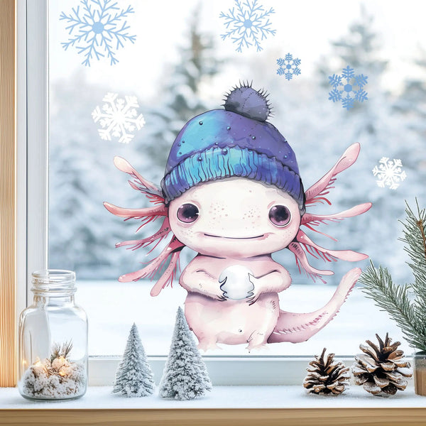 Fensterbild Niedliches Axolotl mit blauer Wollmütze | Winterliche Fensterbild Dekoration - Sunnywall - Individualität trifft Design