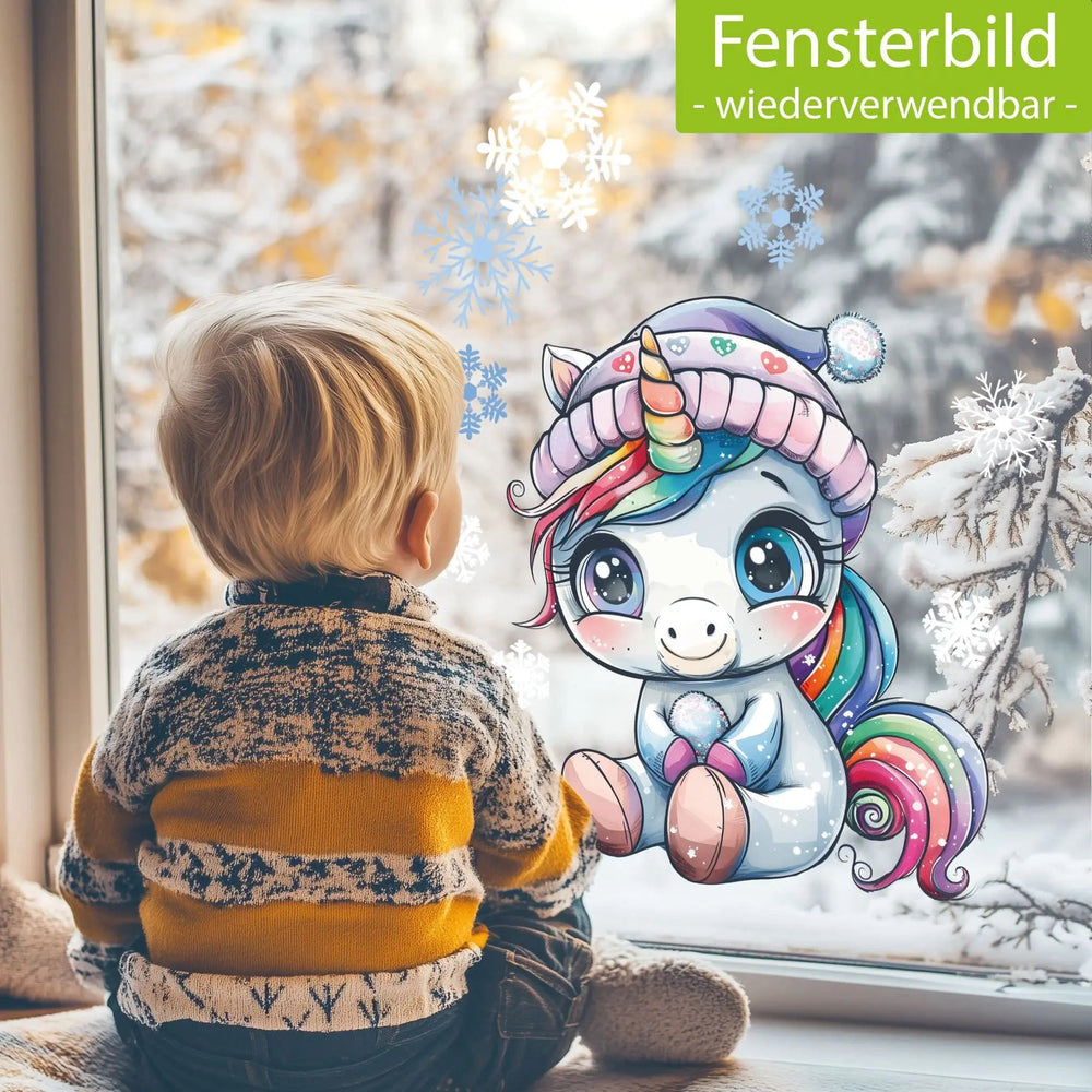 Fensterbild niedliches Einhorn | Winterliche Fensterbild Dekoration - Sunnywall - Individualität trifft Design