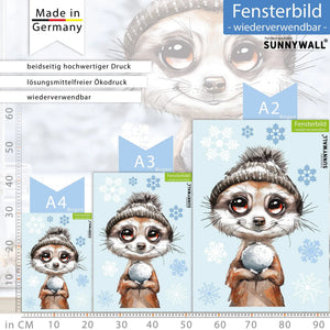 Fensterbild Niedliches Erdmännchen mit grauer Wollmütze | Winterliche Fensterbild Dekoration - Sunnywall - Individualität trifft Design