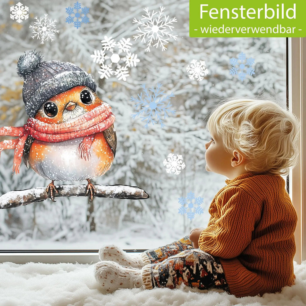 Fensterbild niedliches Rotkehlchen Robin | Winterliche Fensterbild Dekoration - Sunnywall - Individualität trifft Design