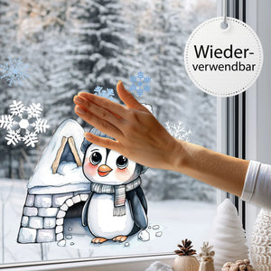 Fensterbild Pinguin Winter Iglu Schneeflocken statisch haftend wiederverwendbar - Winterliche Fensterbild Dekoration - Sunnywall - Individualität trifft Design