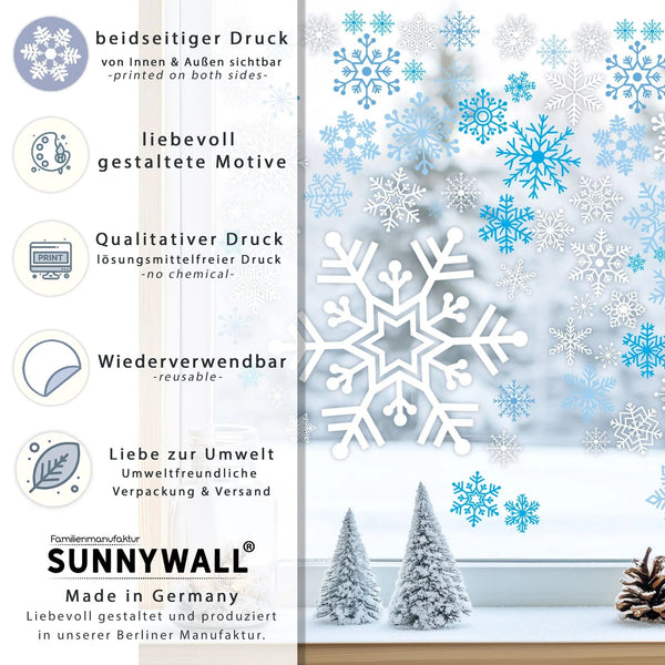 Fensterbild Schneeflocken – winterliche Fensterdeko A4 2er Set beidseitig wiederverwendbar - Sunnywall - Individualität trifft Design