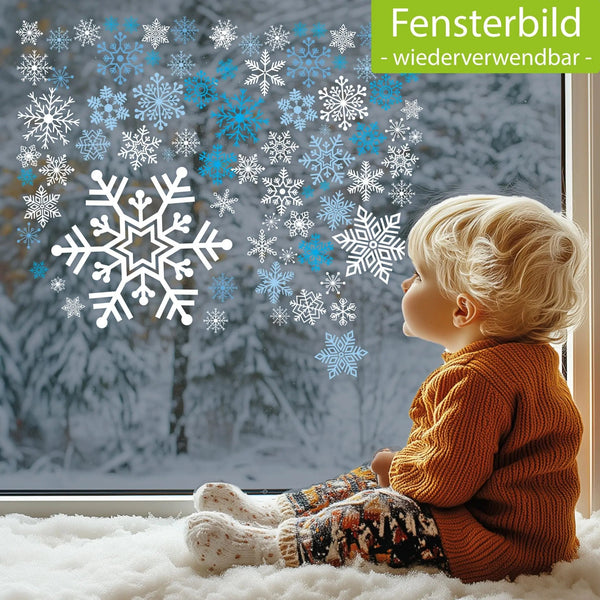 Fensterbild Schneeflocken – winterliche Fensterdeko A4 2er Set beidseitig wiederverwendbar - Sunnywall - Individualität trifft Design