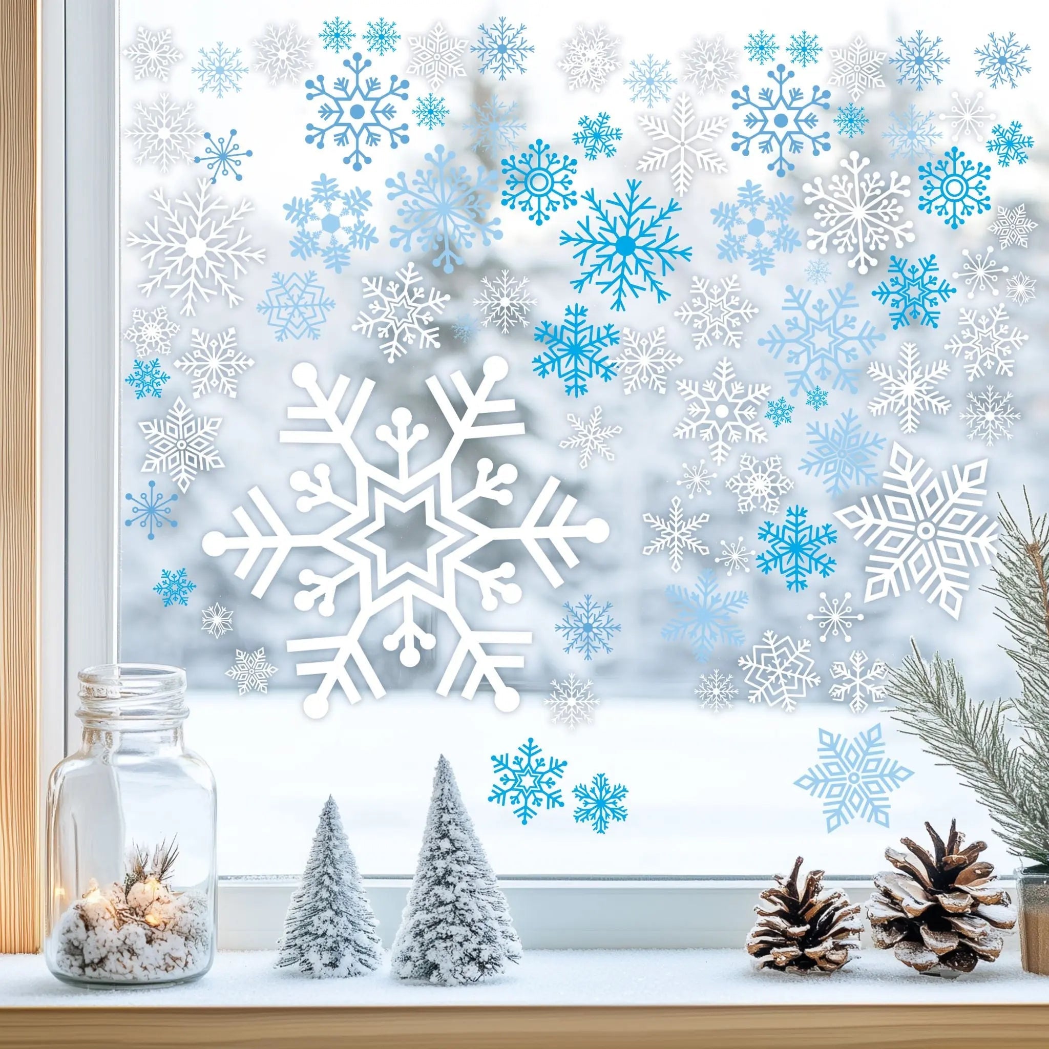 Fensterbild Schneeflocken – Winter Fensterdeko A4 2er Set beidseitig