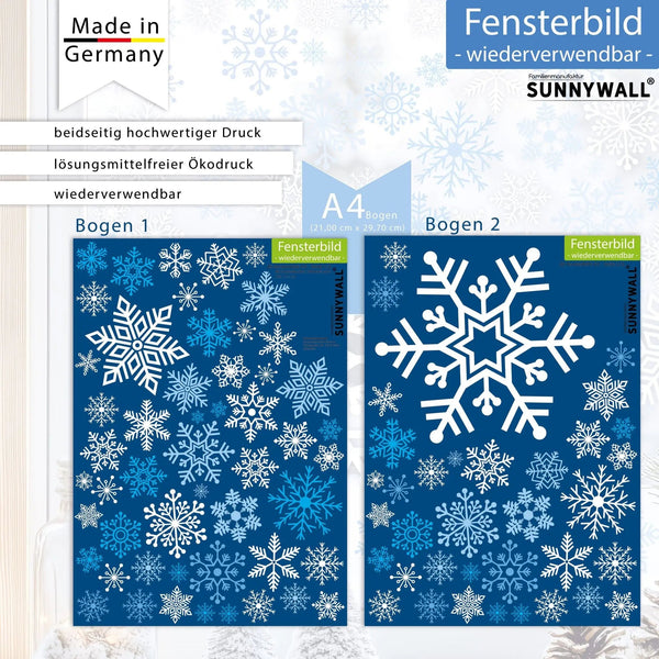 Fensterbild Schneeflocken – winterliche Fensterdeko A4 2er Set beidseitig wiederverwendbar - Sunnywall - Individualität trifft Design