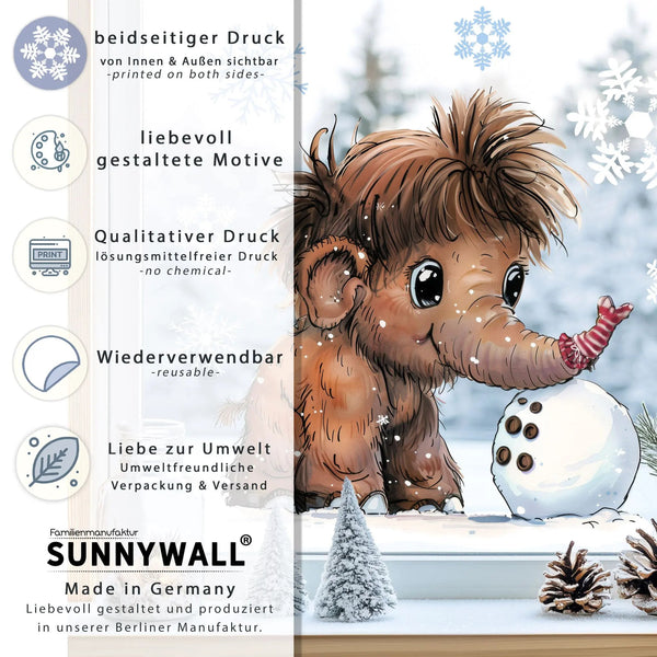 Fensterbild süßes Mammut baut Schneemann | Winterliche Fensterbild Dekoration - Sunnywall - Individualität trifft Design