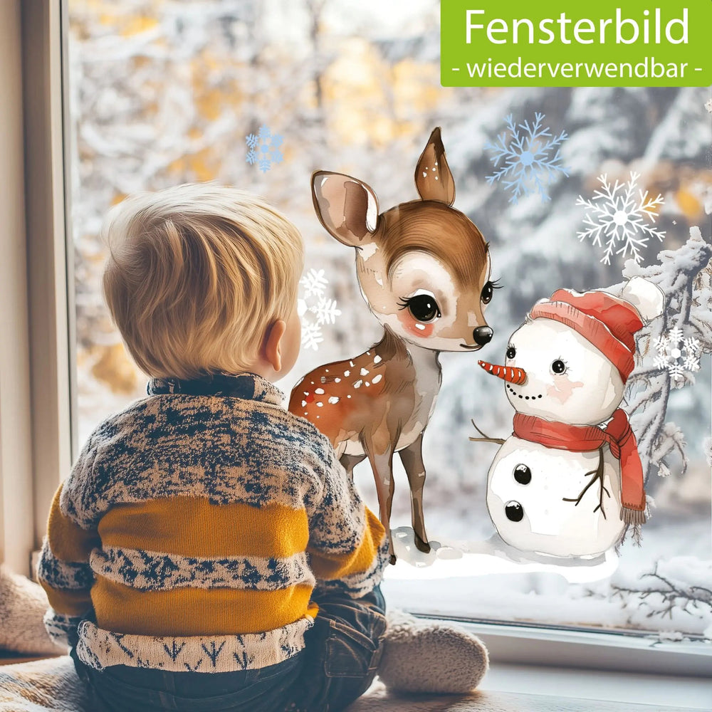 Fensterbild süßes Rehkitz mit Schneemann | Winterliche Fensterbild Dekoration - Sunnywall - Individualität trifft Design