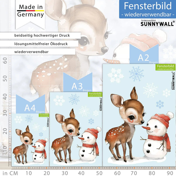 Fensterbild süßes Rehkitz mit Schneemann | Winterliche Fensterbild Dekoration - Sunnywall - Individualität trifft Design