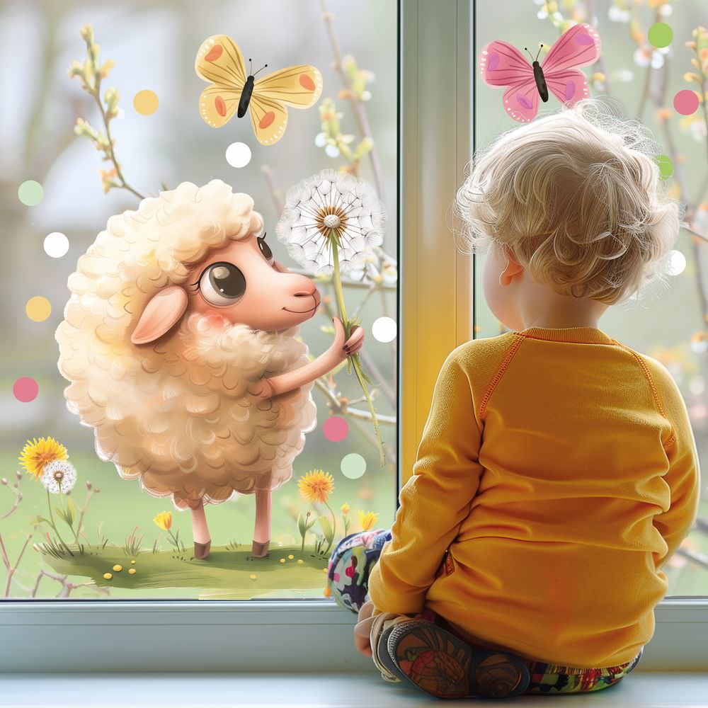 Fensterbild Verspieltes Lamm und Pusteblume A4 | B-Ware - Sunnywall - Individualität trifft Design