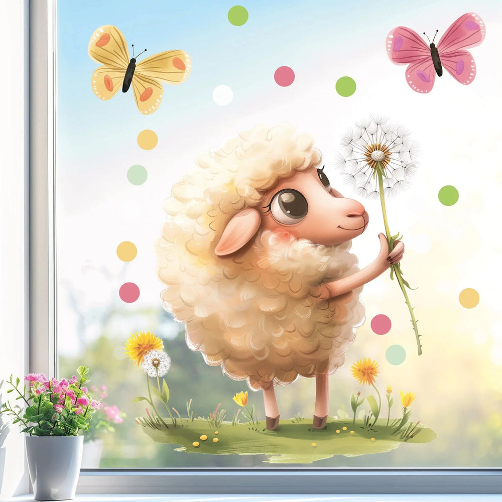 Fensterbild Verspieltes Lamm und Pusteblume | Fenster Dekoration - Sunnywall - Individualität trifft Design
