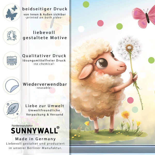 Fensterbild Verspieltes Lamm und Pusteblume | Fenster Dekoration - Sunnywall - Individualität trifft Design