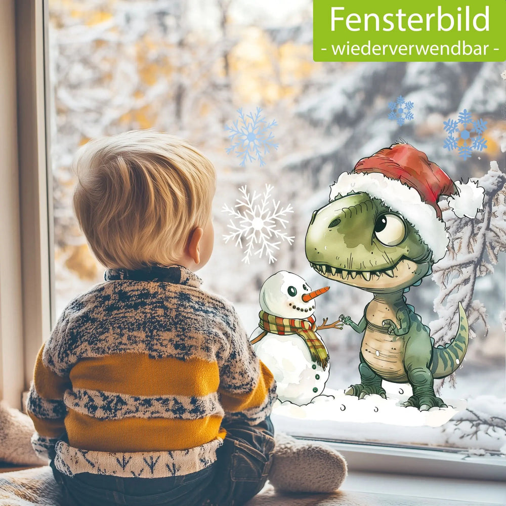 Fensterbild Verträumter T-Rex mit Schneemann | Winterliche Fensterbild Dekoration - Sunnywall - Individualität trifft Design