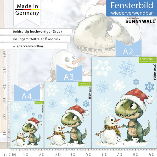 Fensterbild Verträumter T-Rex mit Schneemann | Winterliche Fensterbild Dekoration - Sunnywall - Individualität trifft Design
