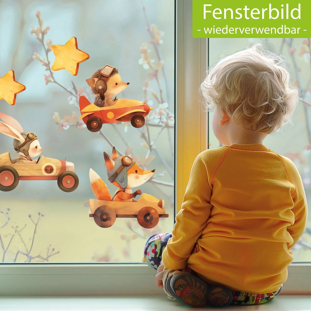 Fensterbild Waldtiere in Rennwagen in Holz-Design | Fuchs, Hase & Igel | Holz-Optik Fensterbild Dekoration - Sunnywall - Individualität trifft Design